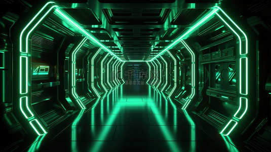 发光隧道背景图片_黑色背景下 3D 渲染中的科幻插图霓虹灯绿色发光太空飞船走廊
