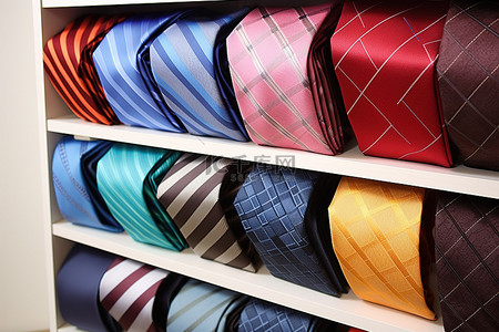 领带架倾斜，每个架子上都有领带