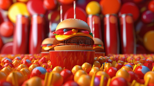 红色汉堡背景图片_红色背景 3D 渲染上的彩色球围绕着汉堡包热狗和软饮料