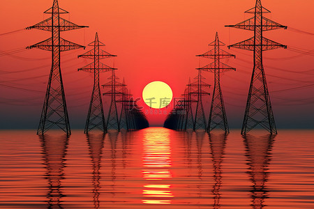 电塔和水域上的日落