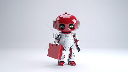 可爱的机器人背景图片_可爱的 ai 机器人，带有红色购物袋，在白色背景下进行 3d 渲染