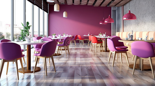 咖啡馆和餐厅充满活力的内部装饰，拥有大理石地板圆形木桌和时尚的紫色软垫椅子，采用令人惊叹的 3D 渲染