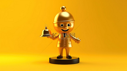 彩色马铃薯背景图片_吉祥物人手持金奖获得者奖杯并在充满活力的黄色背景上敲响酒店服务铃的彩色 3D 渲染