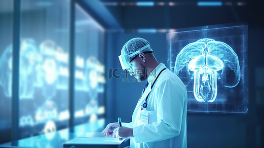 医生的手背景图片_数字脑扫描全息图 3D 渲染，背景模糊，以医生为特色