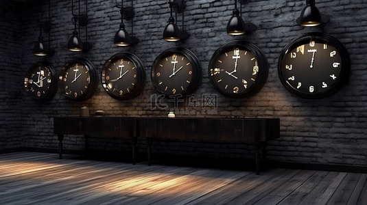 灰手背景图片_阁楼风格内饰中时尚的黑色轨道灯和现代 3D 挂钟