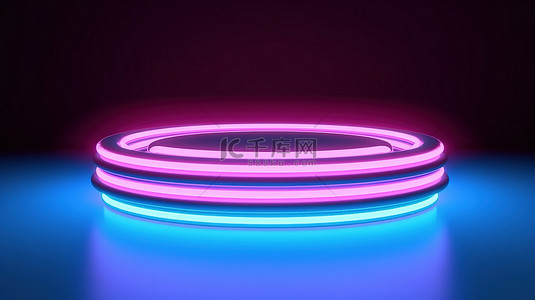 霓虹灯发光抽象背景的 3D 渲染，带有圆形底座和蓝色粉红色线条