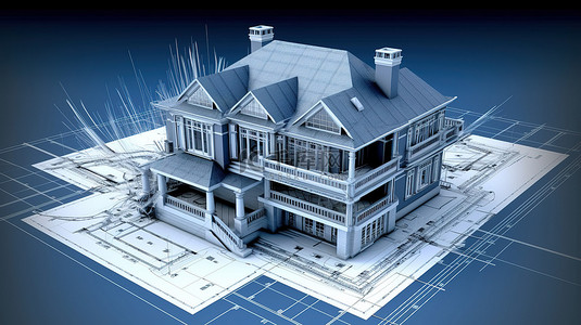精美的 3D 渲染房屋，带有详细的蓝图