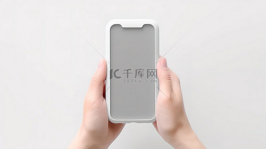 白色背景下手持智能手机的塑料手机支架的 3D 渲染