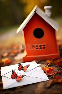 邮箱签名背景图片_信封放在桌子上，上面有一只蝴蝶和红色的房子