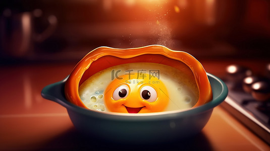 红色背景插画背景图片_一个有趣的 3D 图形，显示了一个以复活节为主题的铁锅上受惊的鸡蛋