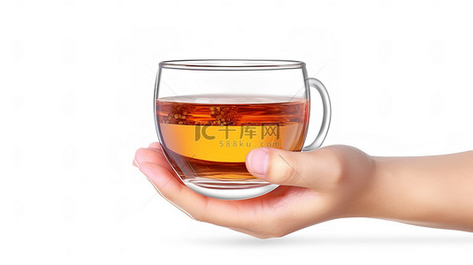 装满水的玻璃杯背景图片_一只手拿着一个玻璃杯的 3D 渲染，杯子里装满了白色背景上的红茶