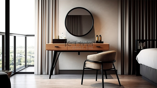 客房背景图片_现代酒店客房配有梳妆台椅子和镜子的 3D 渲染