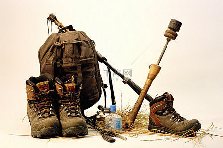 攀登的动图背景图片_登山杖带靴子鞋三脚架背包的杖