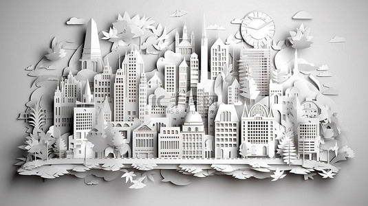 具有剪纸美学的 3D 渲染城市景观