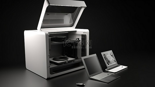 电子产品中背景图片_3D 渲染中 3D 打印机旁边的空屏笔记本电脑