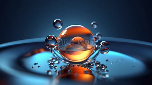 水背景上液体气泡内捕获的分子的流体动力学 3D 渲染