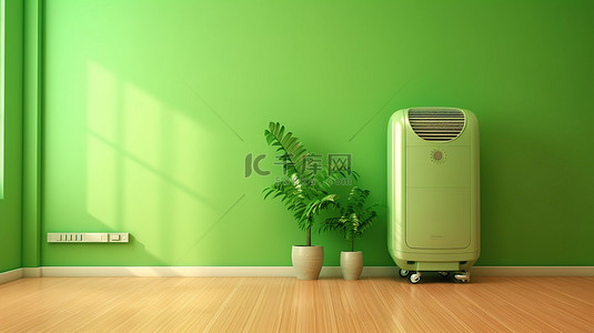 绿色房间 3D 渲染配有便携式空调装置