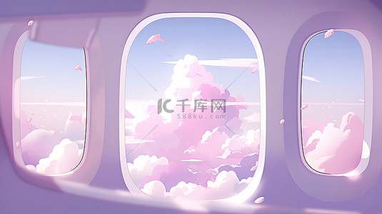 平面旅行背景图片_极简主义的粉红色飞机窗，天空中的飞机描绘了旅游和旅行