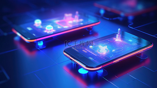 智能手机游戏二重奏未来派 3D 渲染浮动操纵杆在屏幕上闪烁
