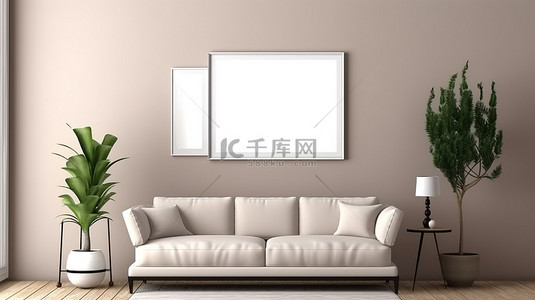 客厅毛坯房背景图片_3D 渲染房间，配有白色沙发潘帕斯窗帘和样机框架