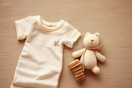 棕褐色背景上有一件白色婴儿连衣裙和玩具