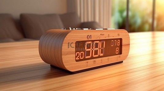 时间表格背景图片_3d 渲染的木桌上的现代太阳能数字木制闹钟
