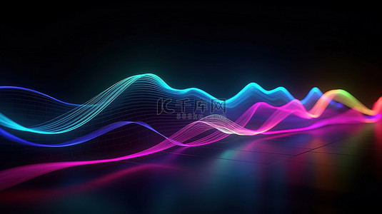具有抽象技术和 3d 发光波的充满活力的霓虹灯音频可视化器背景