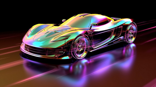 蓝灰色汽车背景图片_时尚空气动力玩具车的发光 3D 插图，在银色表面上反射出多彩的色调