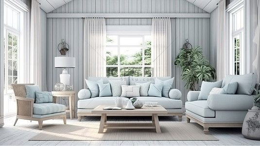 舒适的家居室内汉普顿风格 3D 渲染插图中具有沿海风格的温馨起居空间