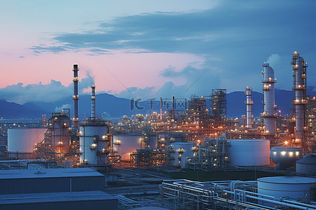 水蒸气女背景图片_黄昏时分城市的一座炼油厂