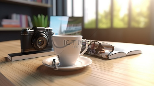 办公桌椅简笔画背景图片_笔记本电脑模型的 3D 渲染，周围是相机书和背景模糊的台面上的咖啡杯