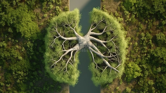 食管溃疡背景图片_绿草形状的肺，具有岩石地面的 3D 纹理