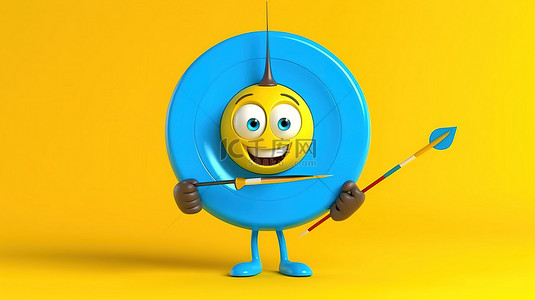 瞄准黄色背景上的靶心的蓝皮书人物吉祥物的 3D 渲染