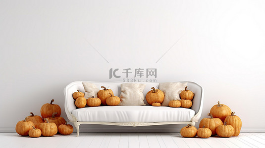 简约奢华背景背景图片_时尚的沙发，配有季节性南瓜，白色背景，非常适合简约的秋季主题 3d 渲染
