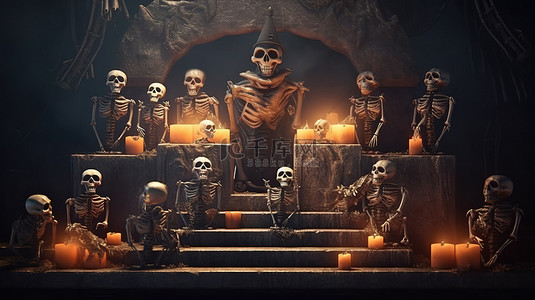 万圣节讲台促销与怪异的南瓜骨头和鬼屋背景的 3D 渲染