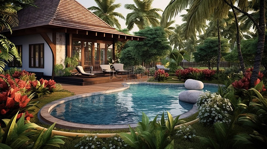 花平面背景图片_带后院游泳池的热带住宅的 3D 插图