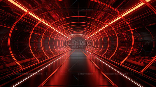 红光色背景图片_具有红光轨迹的金属隧道 3d 呈现科幻和技术的抽象背景