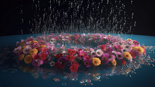 落花背景图片_3D 渲染中的落花花雨，背​​景为花卉喷泉