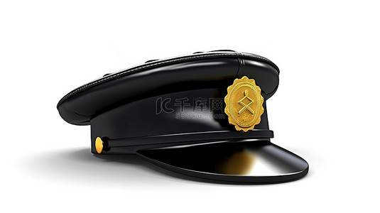 金色徽章装饰着黑色出租车司机帽和空白出租车标志，3D 呈现白色背景上带有白色丝带