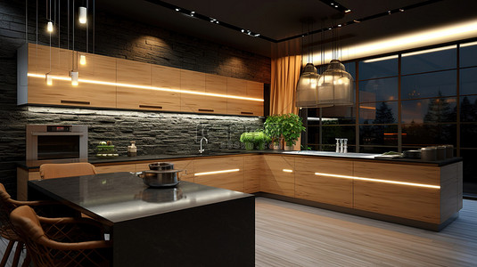 现代厨房设计与夜间氛围 3D 渲染