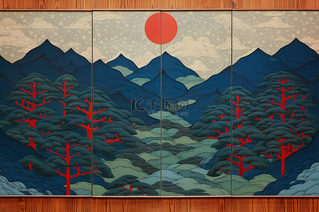 传统画背景图片_一幅蓝色和红色的树木画以及木墙上的一些蓝色画作