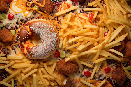 拜拜卡路里背景图片_油炸食品包括热狗薯条和比萨饼