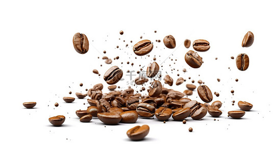 3d 渲染的咖啡豆在白色背景上下降