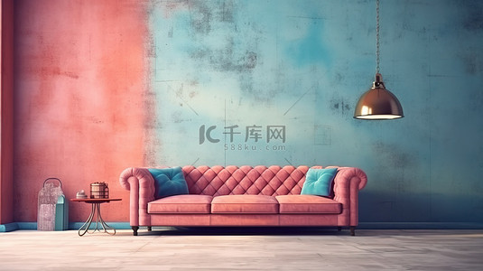 蓝色沙发，采用蹩脚的浅红色室内 3D 渲染设计