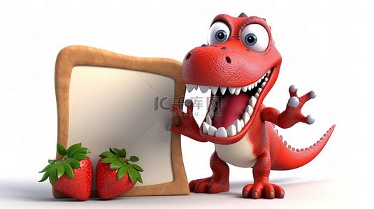 一只滑稽的 3D 恐龙展示一个标志并抓着美味的草莓