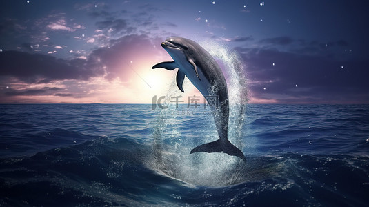高飞的海豚在 3D 渲染的巨大月亮前跳跃