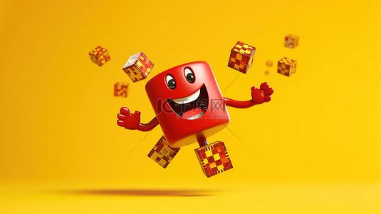 游戏世界背景图片_黄色背景的 3D 渲染，半空中有红色游戏骰子立方体，伴随着地球地球角色吉祥物