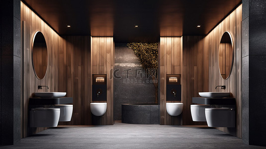 现代风格公共卫生间的 3D 渲染，配有木质壁龛和黑色大理石墙壁