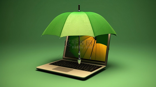 绿色雨伞遮蔽的笔记本电脑的 3D 插图