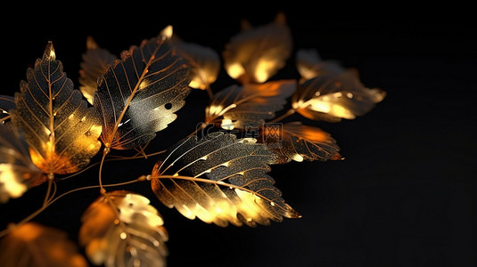 深色画布上闪闪发光的金色叶子 3D 渲染
